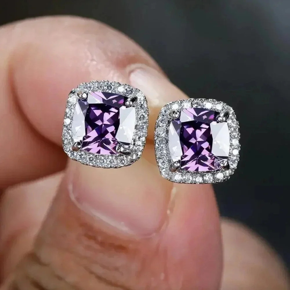 18k White Gold Amethyst Diamond Halo Stud Earrings